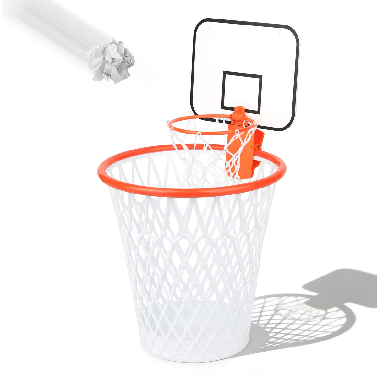Morning Sun trash can with mini hoop for playful waste tossing in an office.