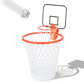 Morning Sun trash can with mini hoop for playful waste tossing in an office.