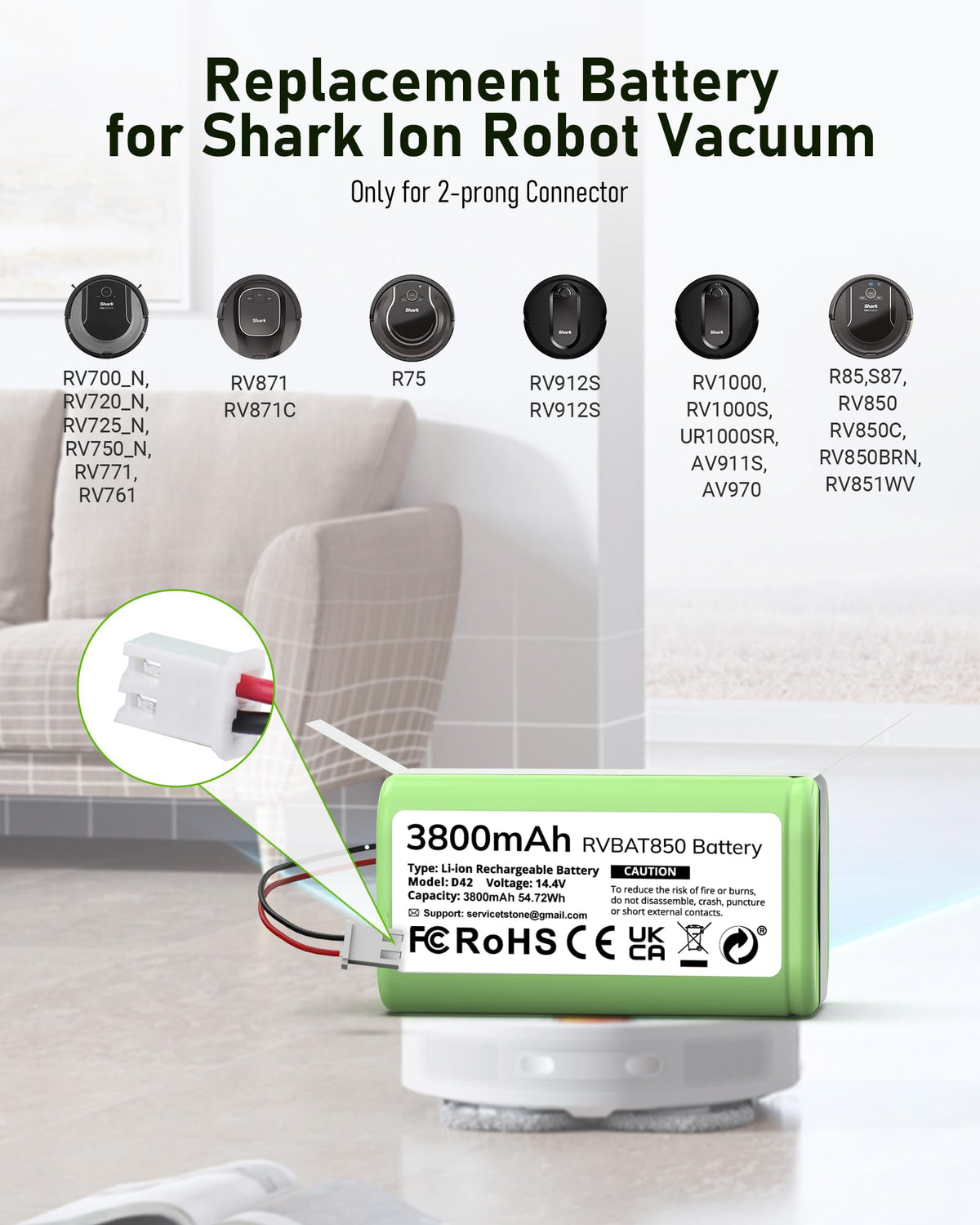 Shark compatibility details showing 14.4V RVBAT850 battery specs
