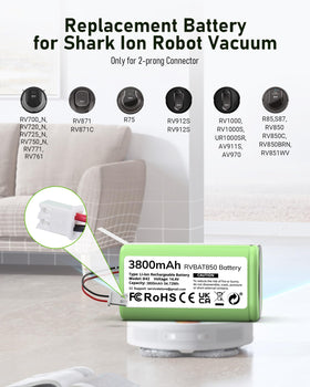 Shark compatibility details showing 14.4V RVBAT850 battery specs