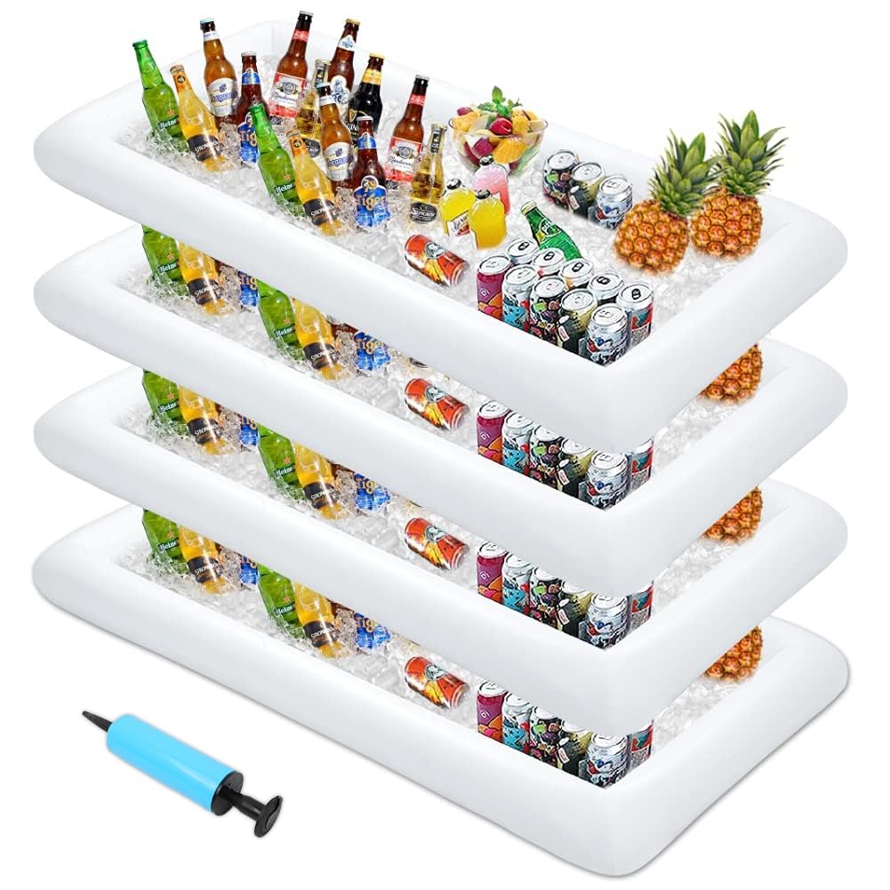 MorTime 4-pack inflatable ice serving tray for poolside buffet display keeps beverages organized.