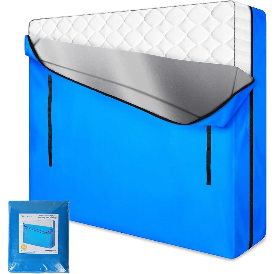MorTime mattress bag with double zipper visible protecting mattress during handling
