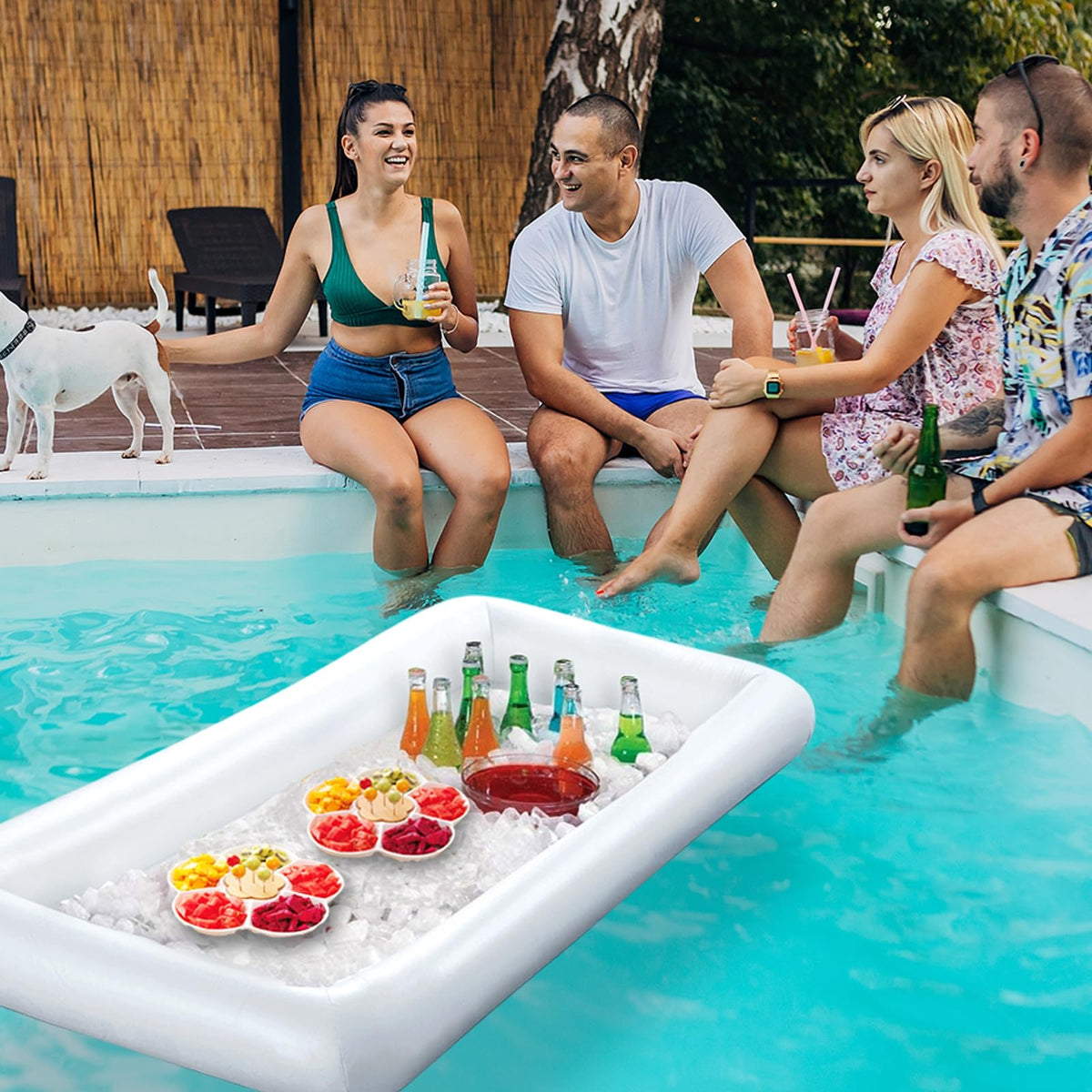 MorTime outdoor pool party setup showing inflatable trays for summer entertaining.