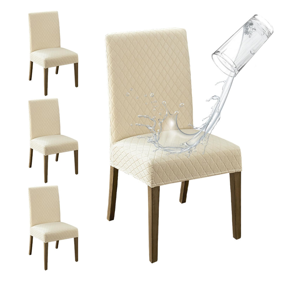 MOSAYT chair cover beige stretch jacquard for Parson chairs shows durable fabric.