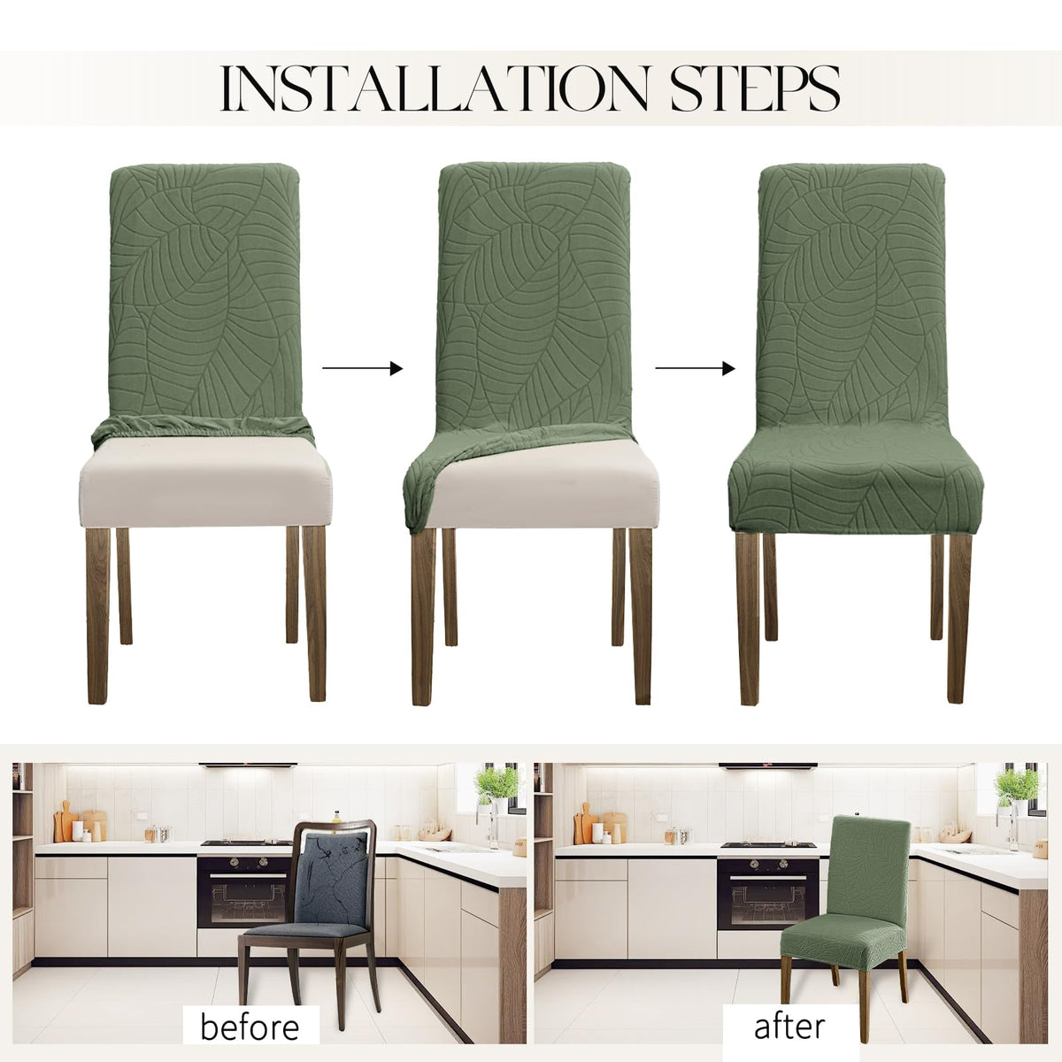 MOSAYT easy care washables chair covers green 4-pack for home use.