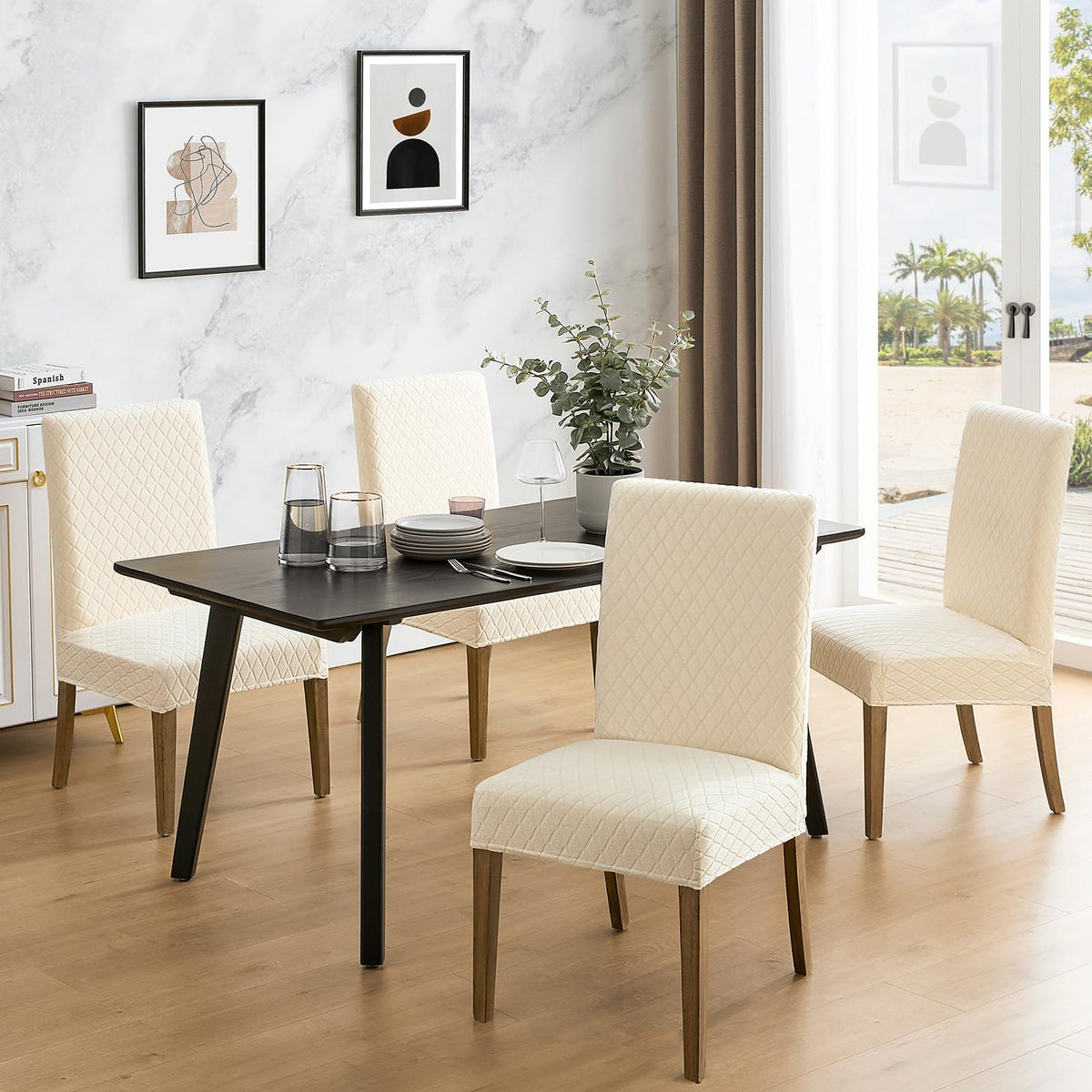 MOSAYT stretch jacquard chair cover in beige offers premium fabric and easy fit.