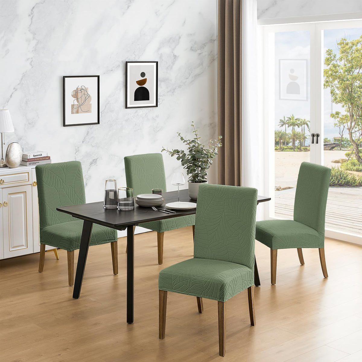 MOSAYT stretch jacquard chair cover in green providing a snug fit.