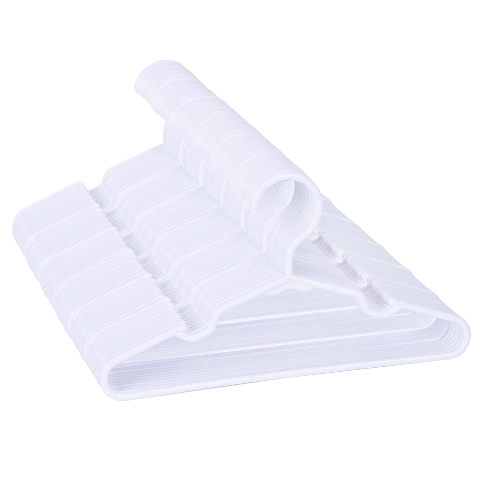 Mosearon 100-pack white kids hangers, 11.6 inch length, ideal for organized toddler closets.