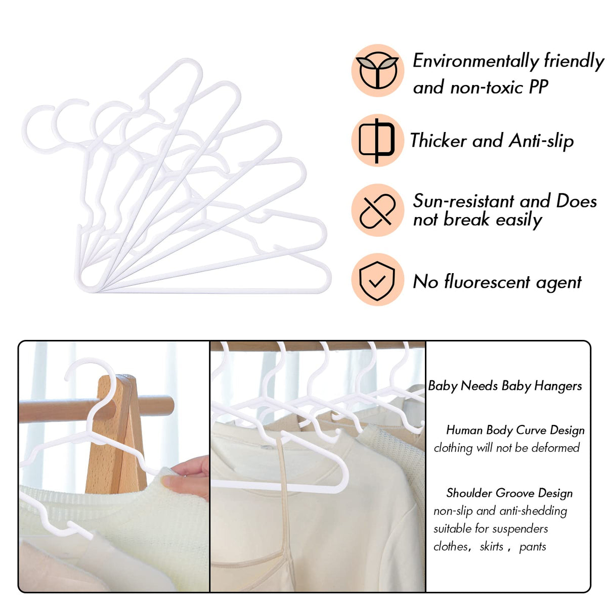 Mosearon durable plastic hangers withstand daily use for growing children.