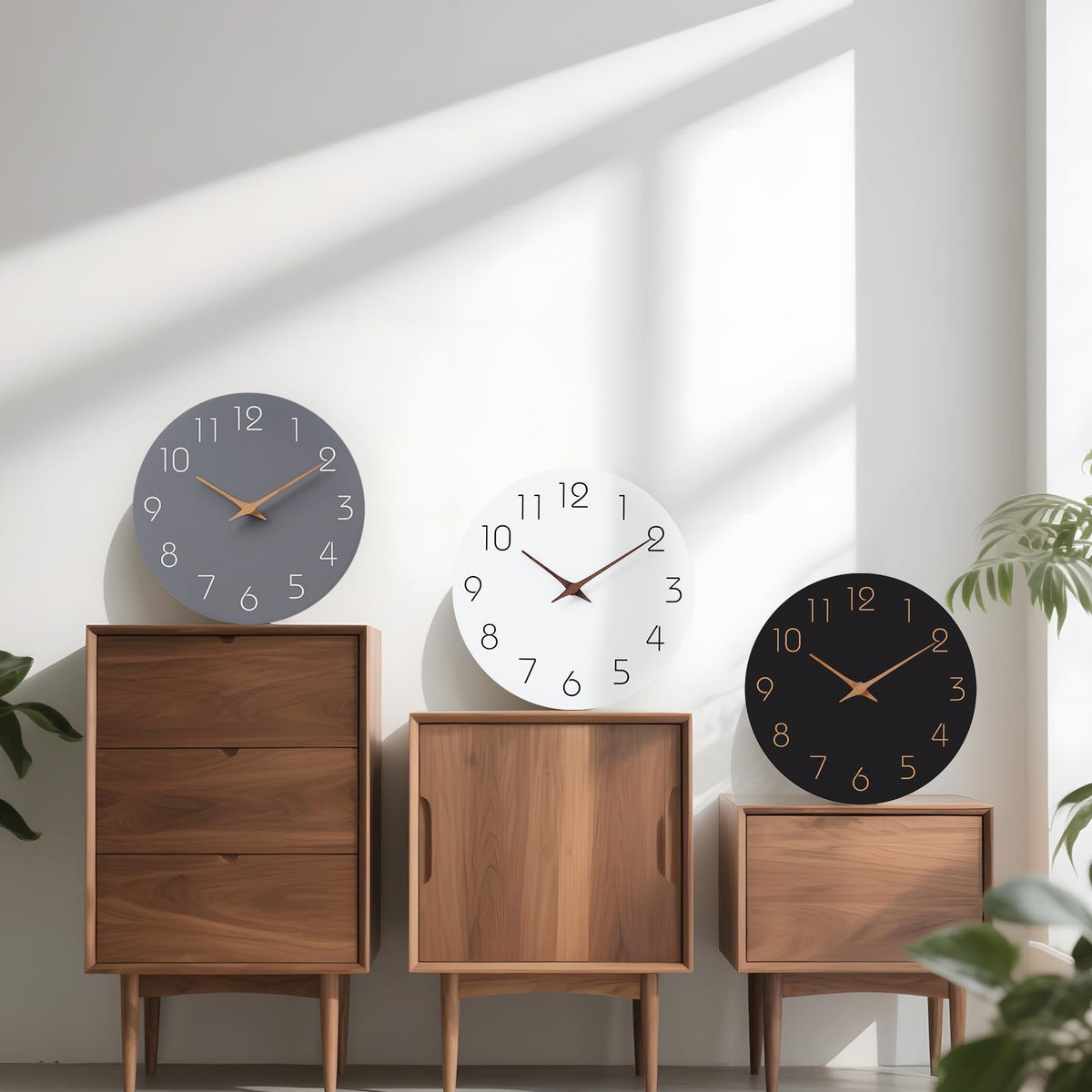 Mosewa minimalist design clock showcasing khaki hands and rose-gold numerals.