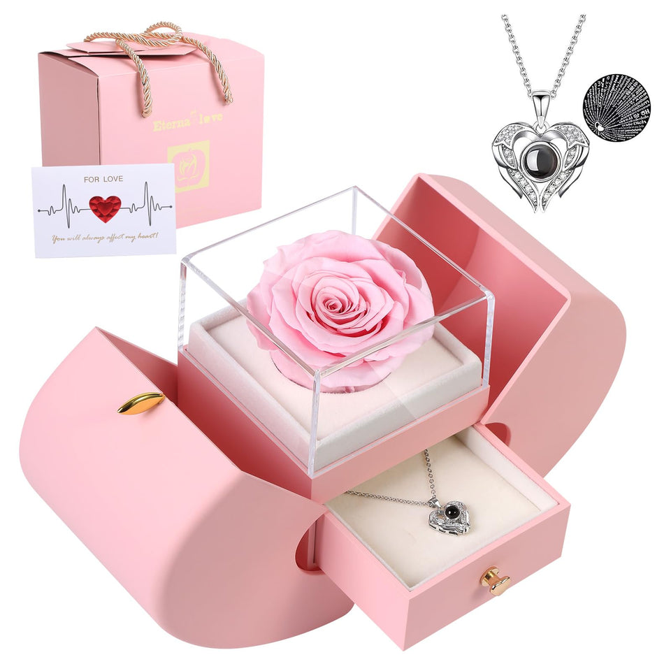 Moshen preserved rose necklace in a gift box, a lasting keepsake.