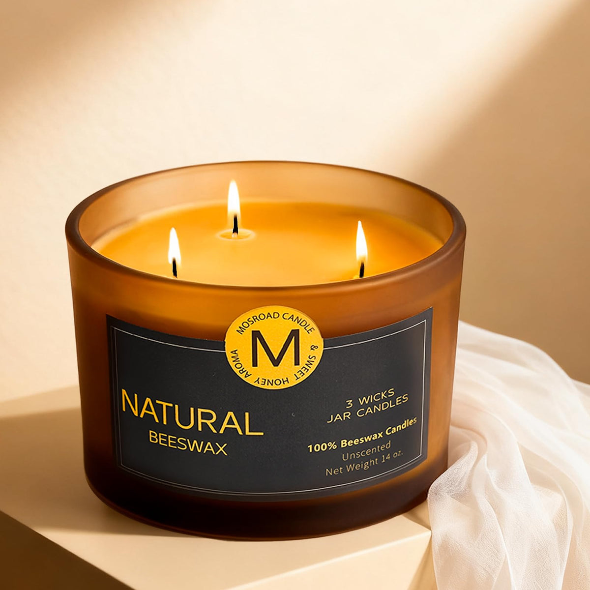 MOSROAD 3-wick beeswax candle in a jar delivering clean burn and warm ambient light