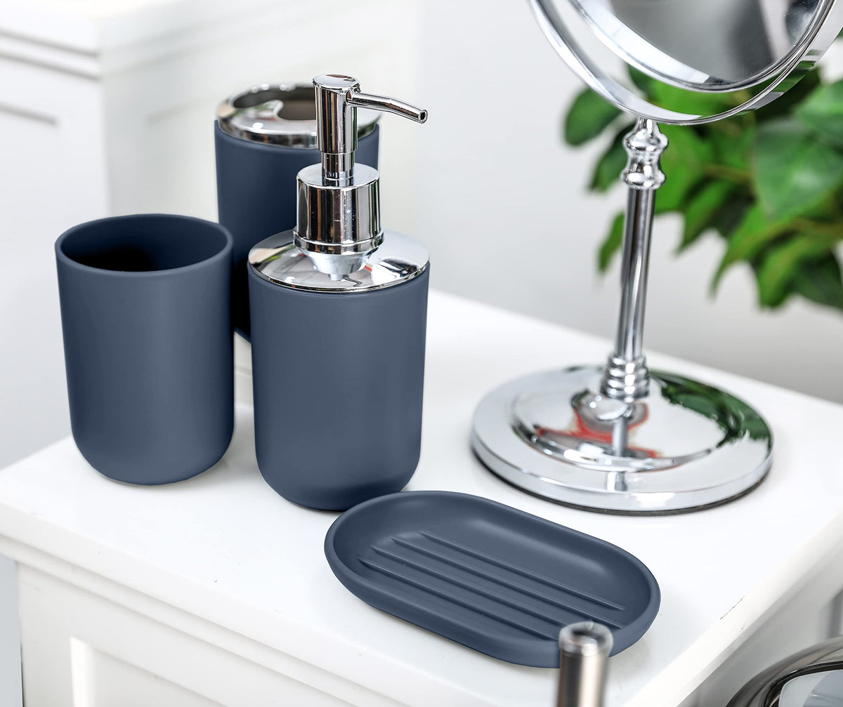 Moss & Stone blue-gloss bathroom set creates cohesive, stylish decor.