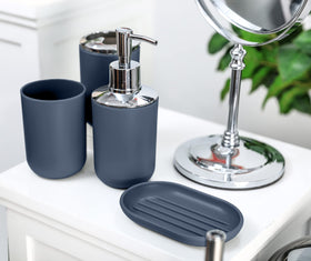 Moss & Stone blue-gloss bathroom set creates cohesive, stylish decor.