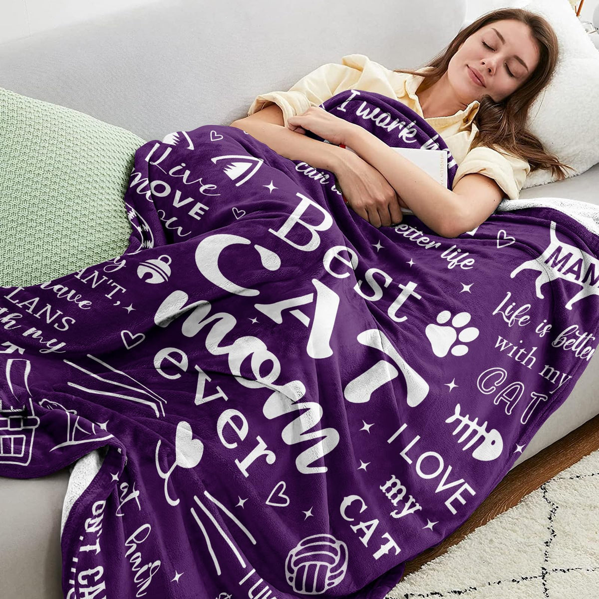 Mosslink Cat Mom Blanket fabric close-up shows soft microfiber comfort.