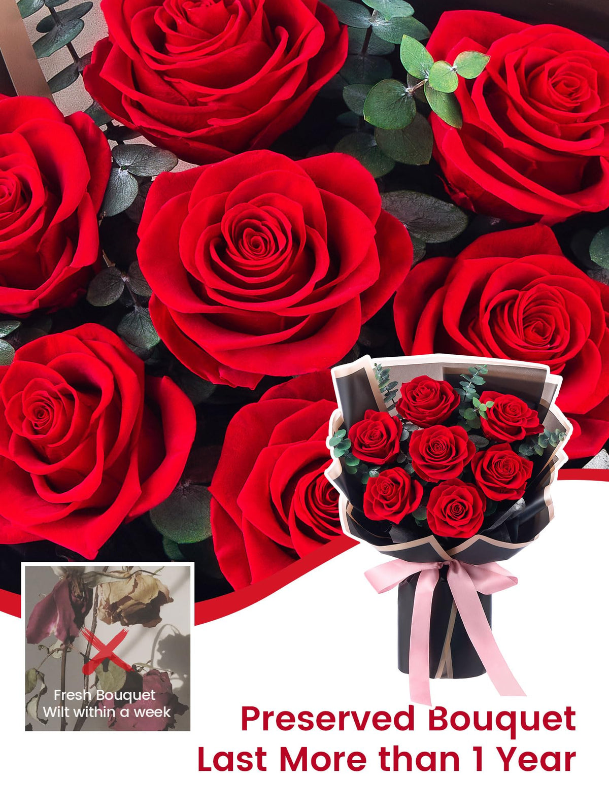 Mosstory handmade rose and eucalyptus bouquet, elegant centerpiece