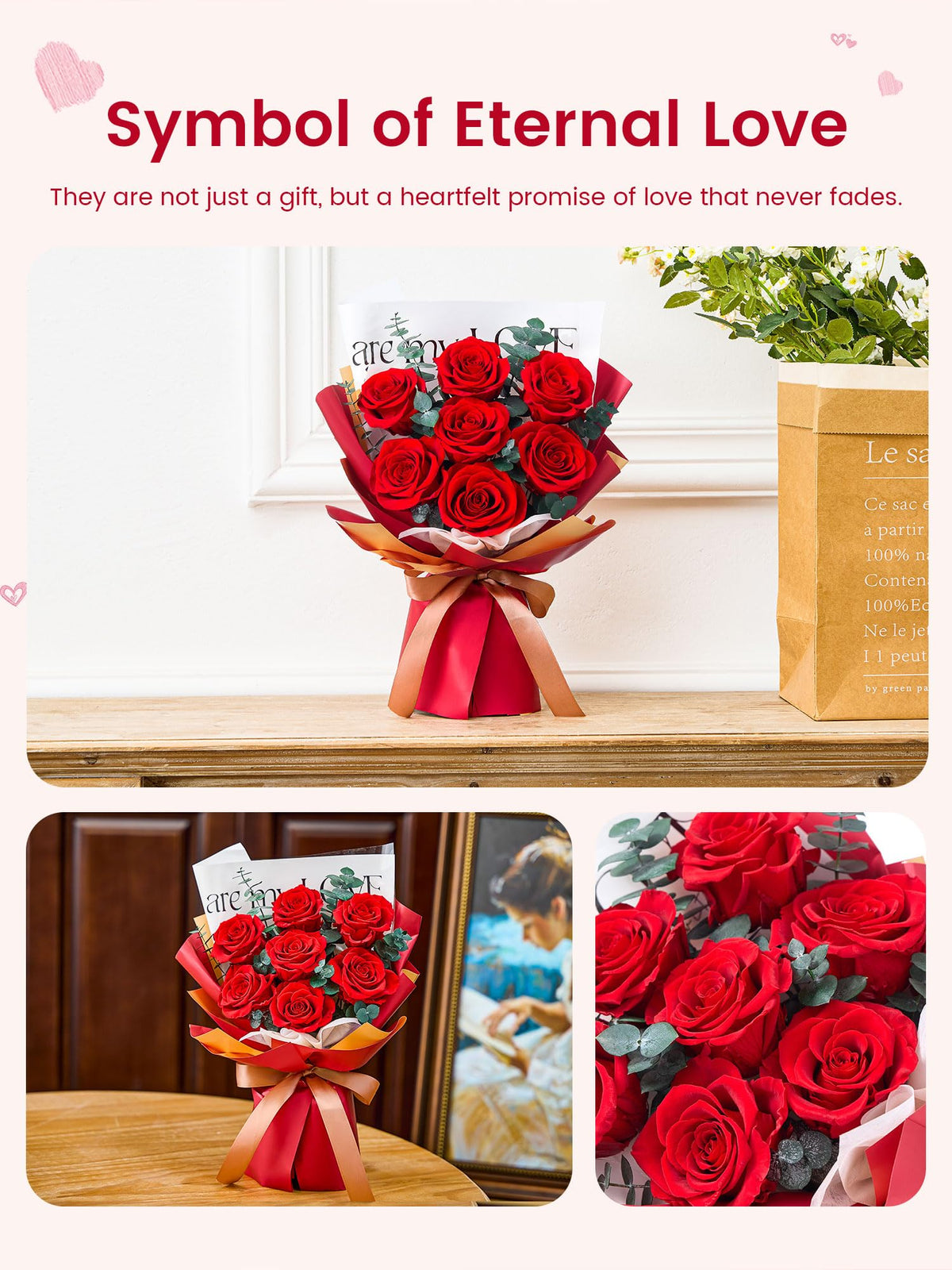 Mosstory no-maintenance preserved roses avoiding water or sunlight.