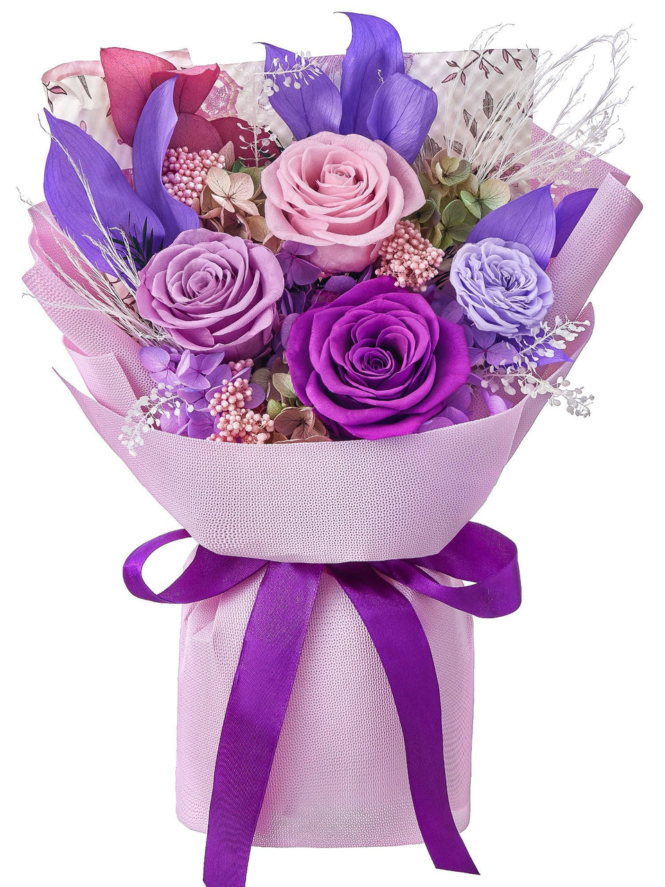 Mosstory preserved roses bouquet with purple roses shows long-lasting beauty for more than a year