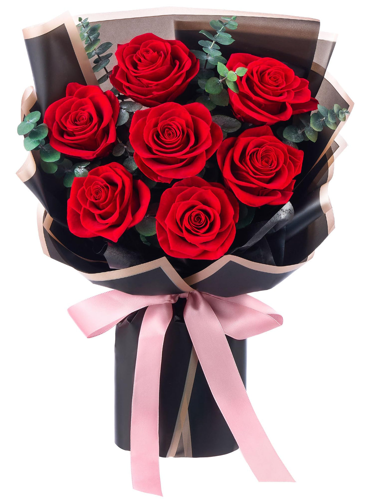 Mosstory seven-piece preserved roses bouquet with vibrant red petals, long-lasting beauty