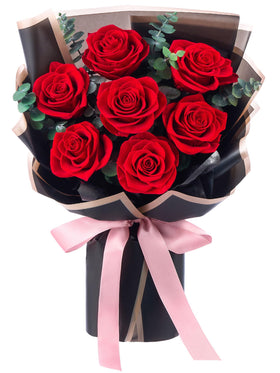 Mosstory seven-piece preserved roses bouquet with vibrant red petals, long-lasting beauty