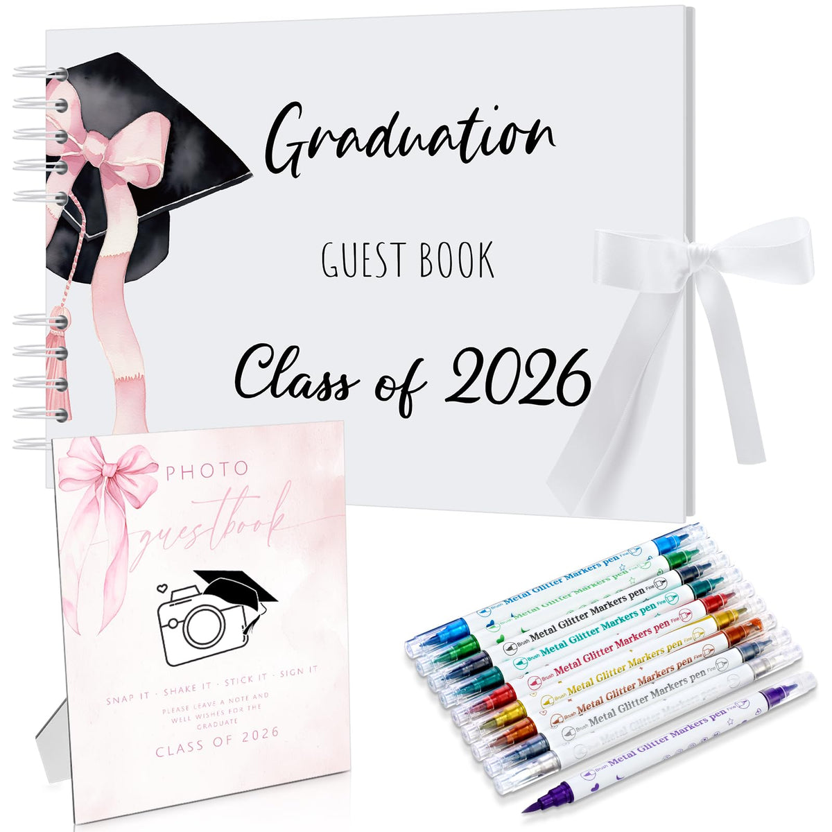 Motimind graduation guest book with pink bow for Class of 2026 keepsakes