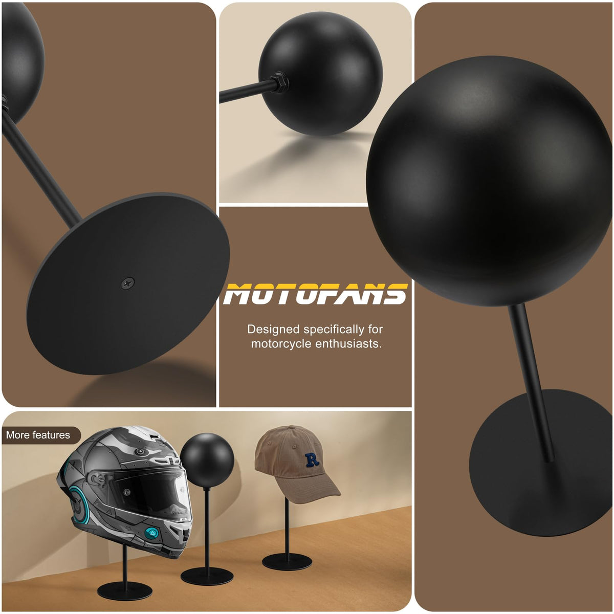 Sturdy steel Motofans rack protects helmets with a gentle contact surface.