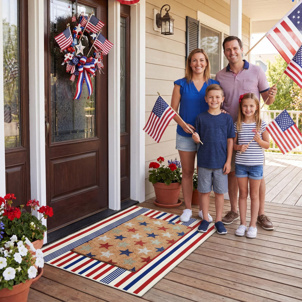 Moucuny striped rug complements porch and kitchen entrance decor