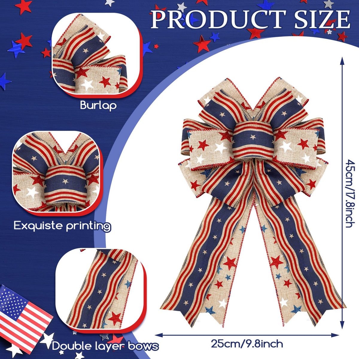 Moucuny patriotic burlap bow with stars enhances porch decorations.