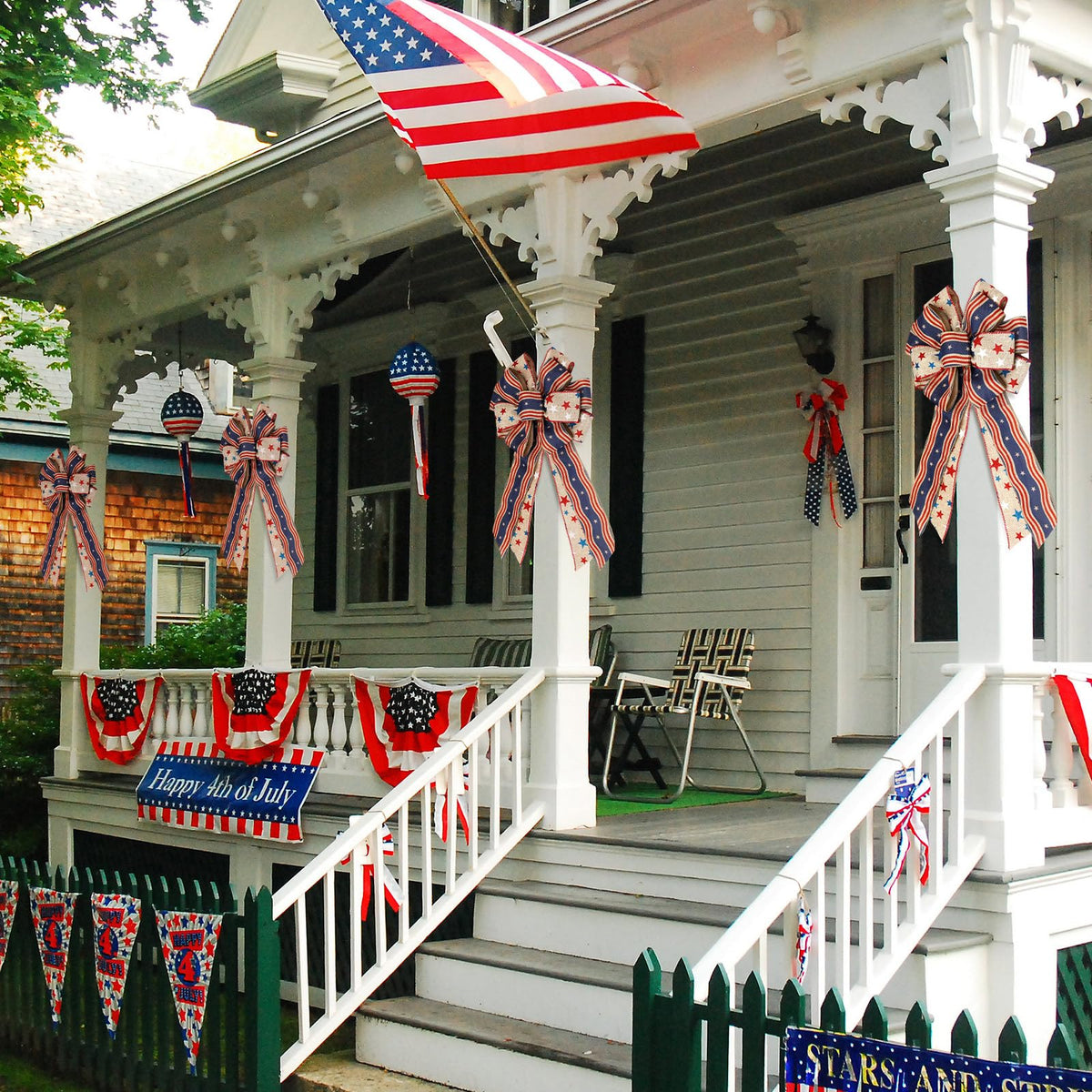 Moucuny rustic patriotic bow complements front door or entryway decor.