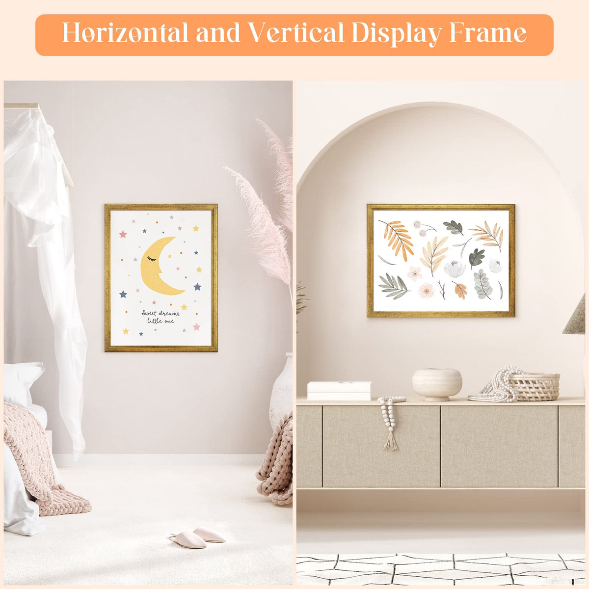 MOUDAMION gold frame displayed vertically or horizontally for versatile wall mounting.