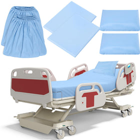 Moukeren 6pc hospital bed sheets blue set shown on a bed for home care
