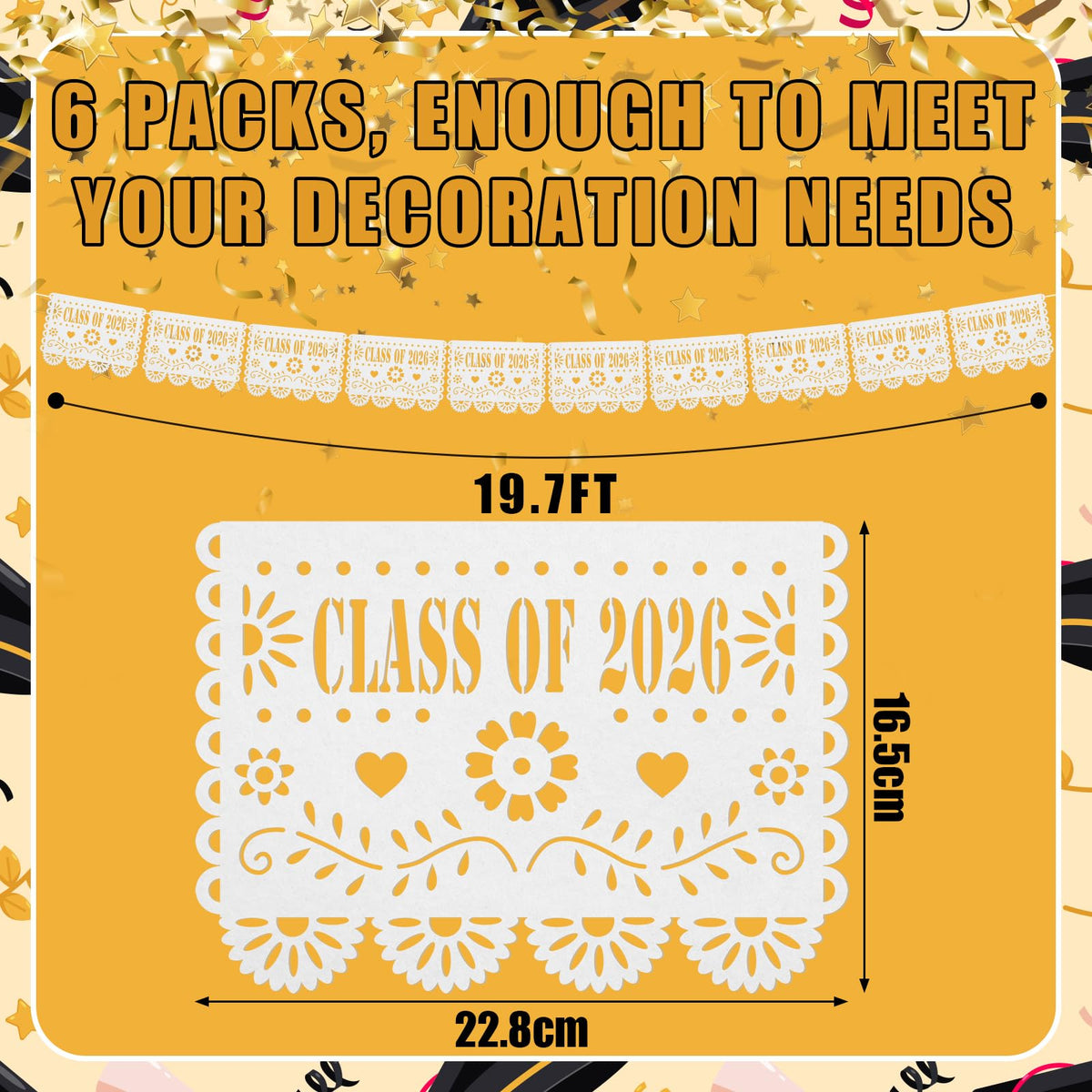 Moukeren felt banner with papel picado design enhances heritage-inspired party ambiance.