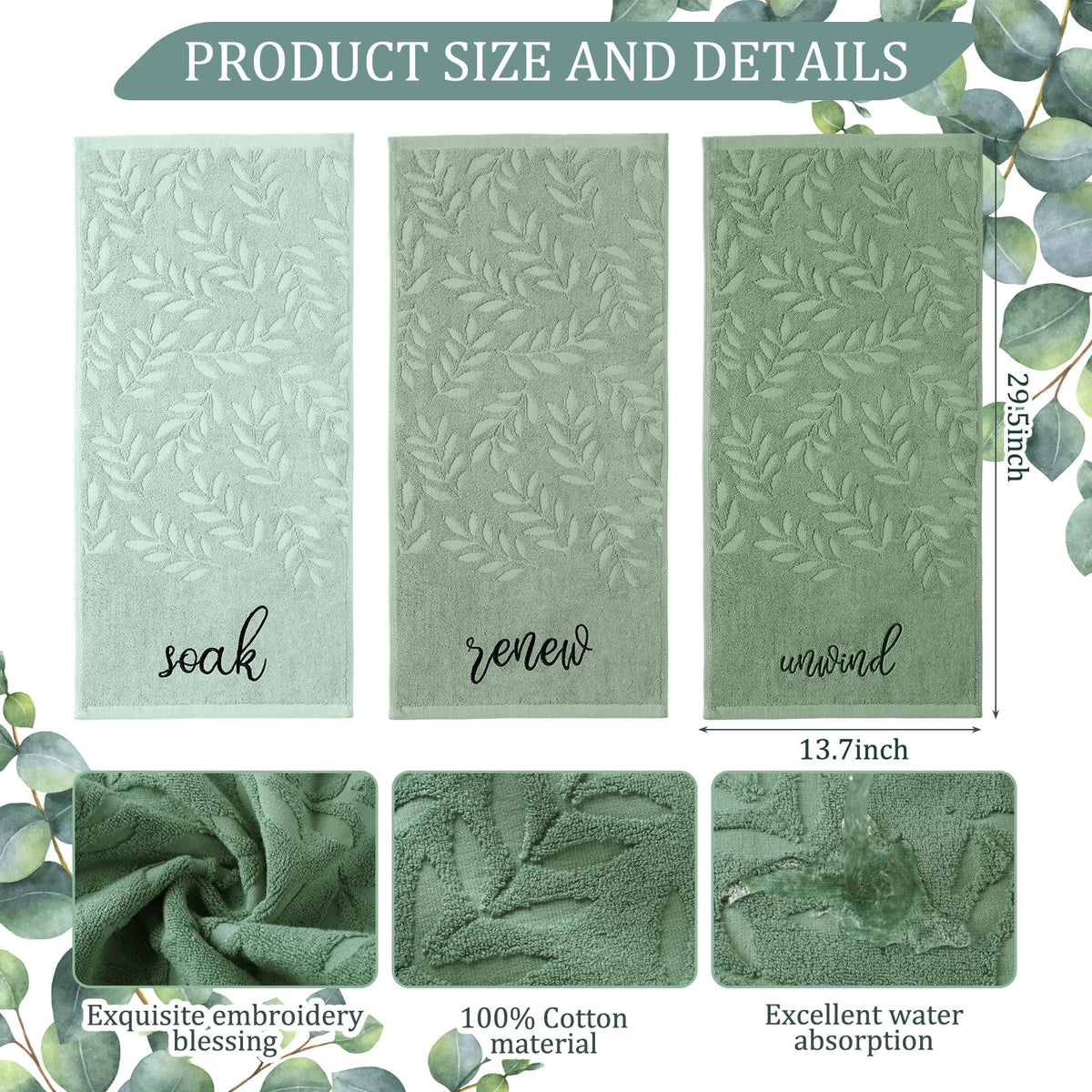 Moukeren jacquard-embroidered leaves detail on hand towels.