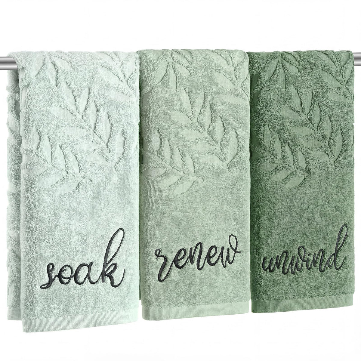 Moukeren sage green hand towels with leaf-pattern for fresh bathroom decor in daily use.