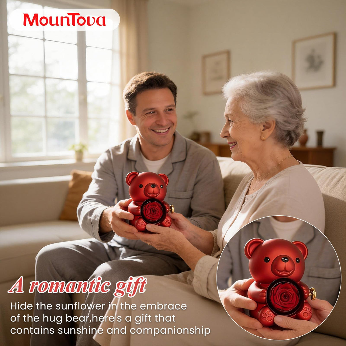 Mountova 360-degree rotating bear box showcases preserved rose from every angle