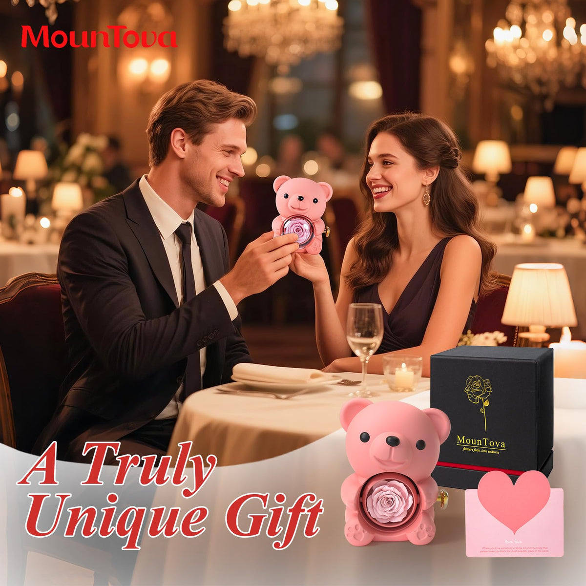 Mountova preserved rose held by teddy bear inside 360° rotating box.
