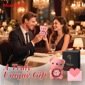 Mountova preserved rose held by teddy bear inside 360° rotating box.