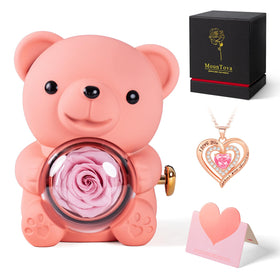 Mountova romantic teddy bear with preserved rose in rotating gift box, a lasting keepsake.