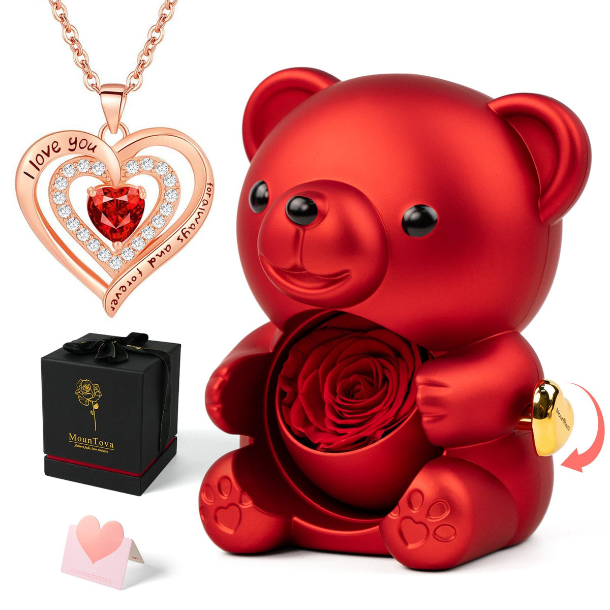 Mountova romantic teddy bear with preserved rose in a rotating box, lasting keepsake