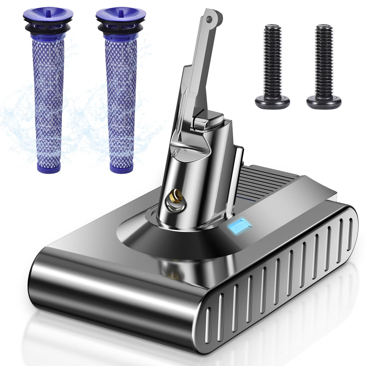 Mounzuikue Dyson V8 battery front view highlighting upgraded 10000mAh capacity for longer runtime.