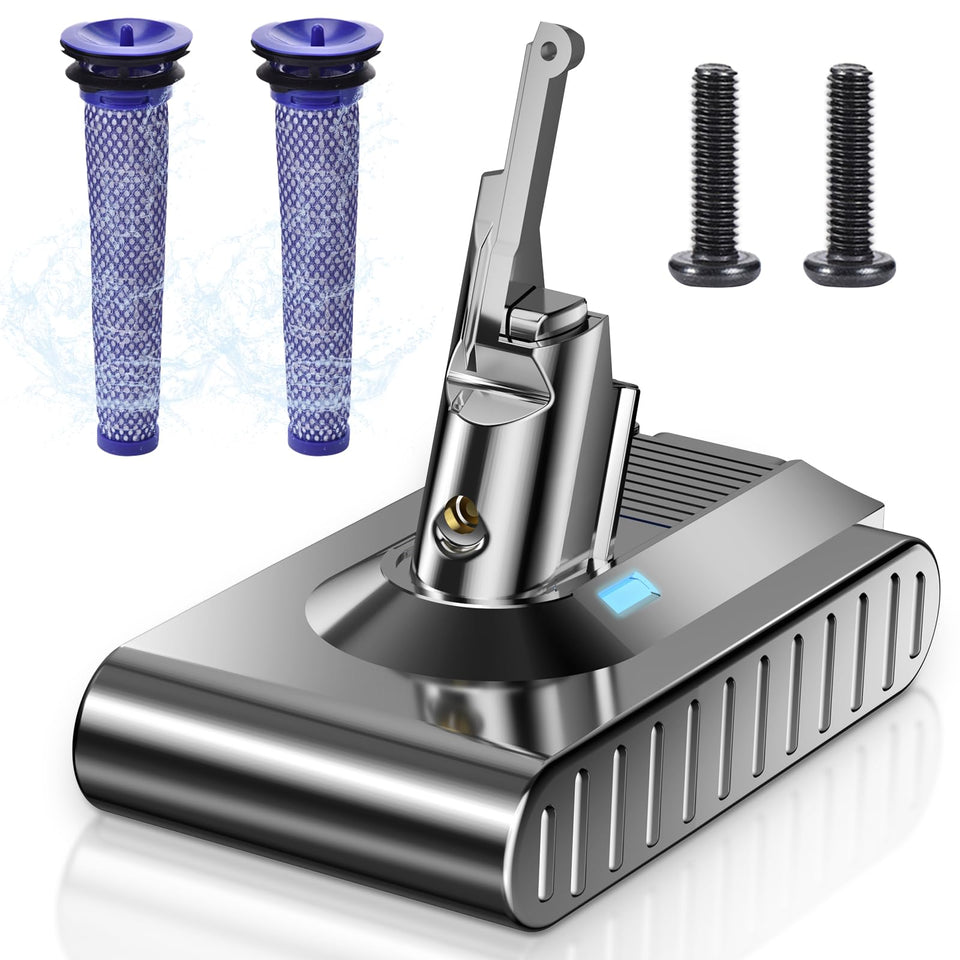 Mounzuikue Dyson V8 battery front view highlighting upgraded 10000mAh capacity for longer runtime.