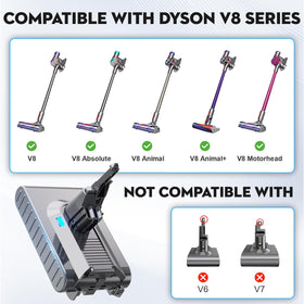 Mounzuikue Dyson V8 battery side view highlights high capacity for longer sessions.