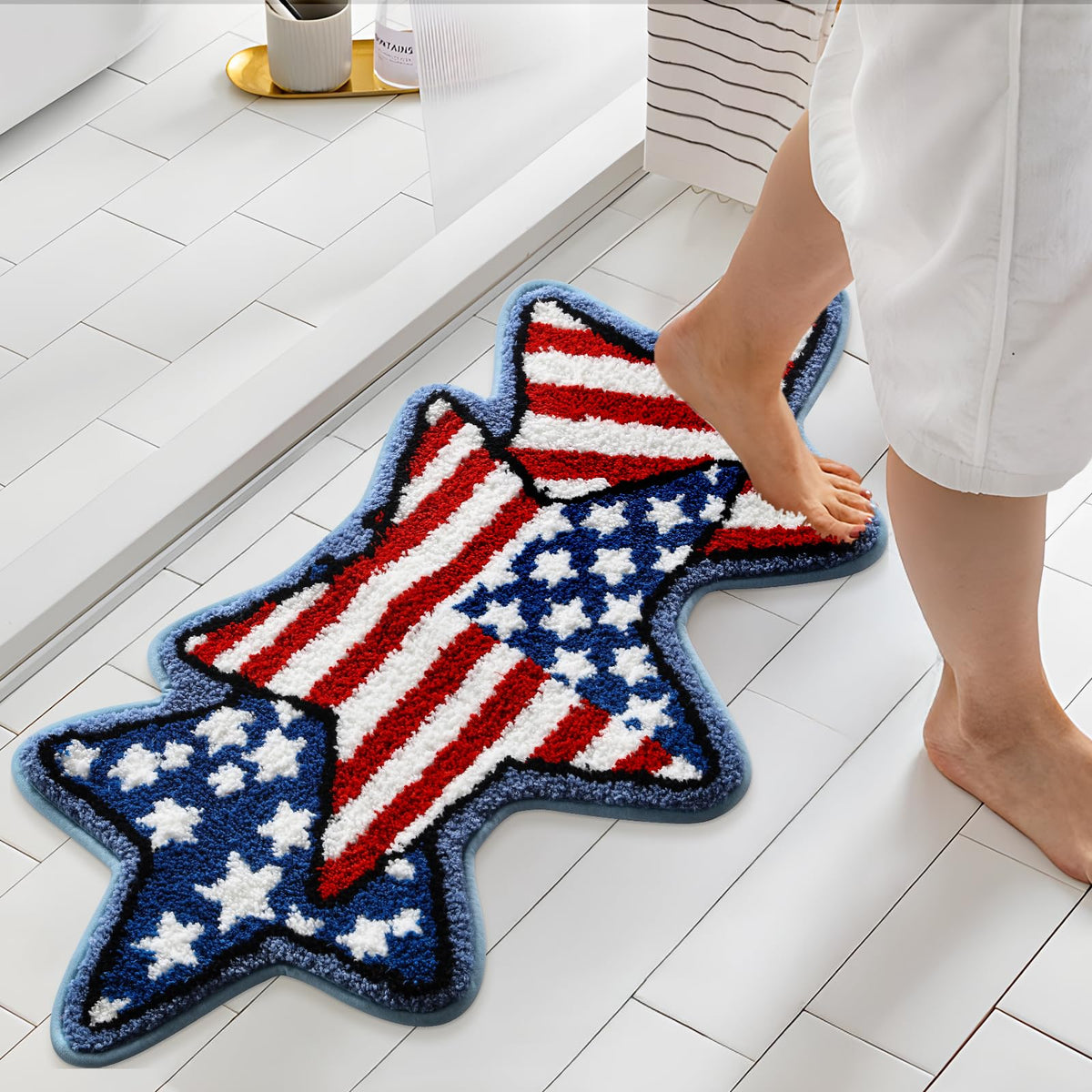 Moutina rug with non-slip backing ensures safer steps on wet bathroom floors