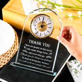 Movdyka crystal clock engraving detail showing laser precision and lasting clarity
