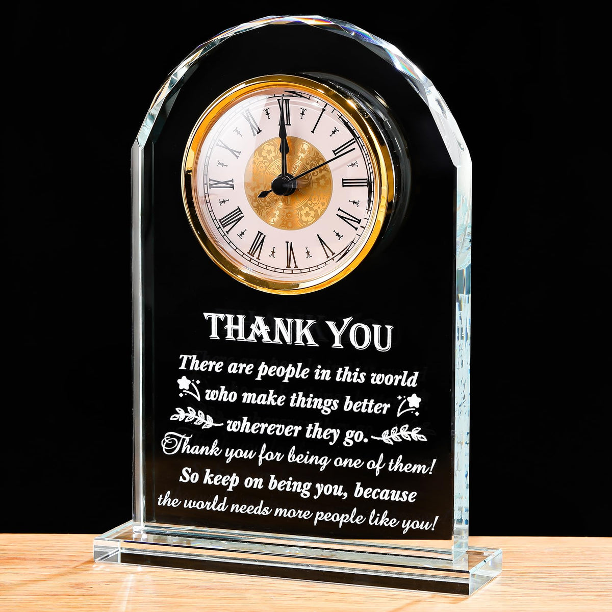Movdyka crystal clock face front with grateful inscription for coworkers