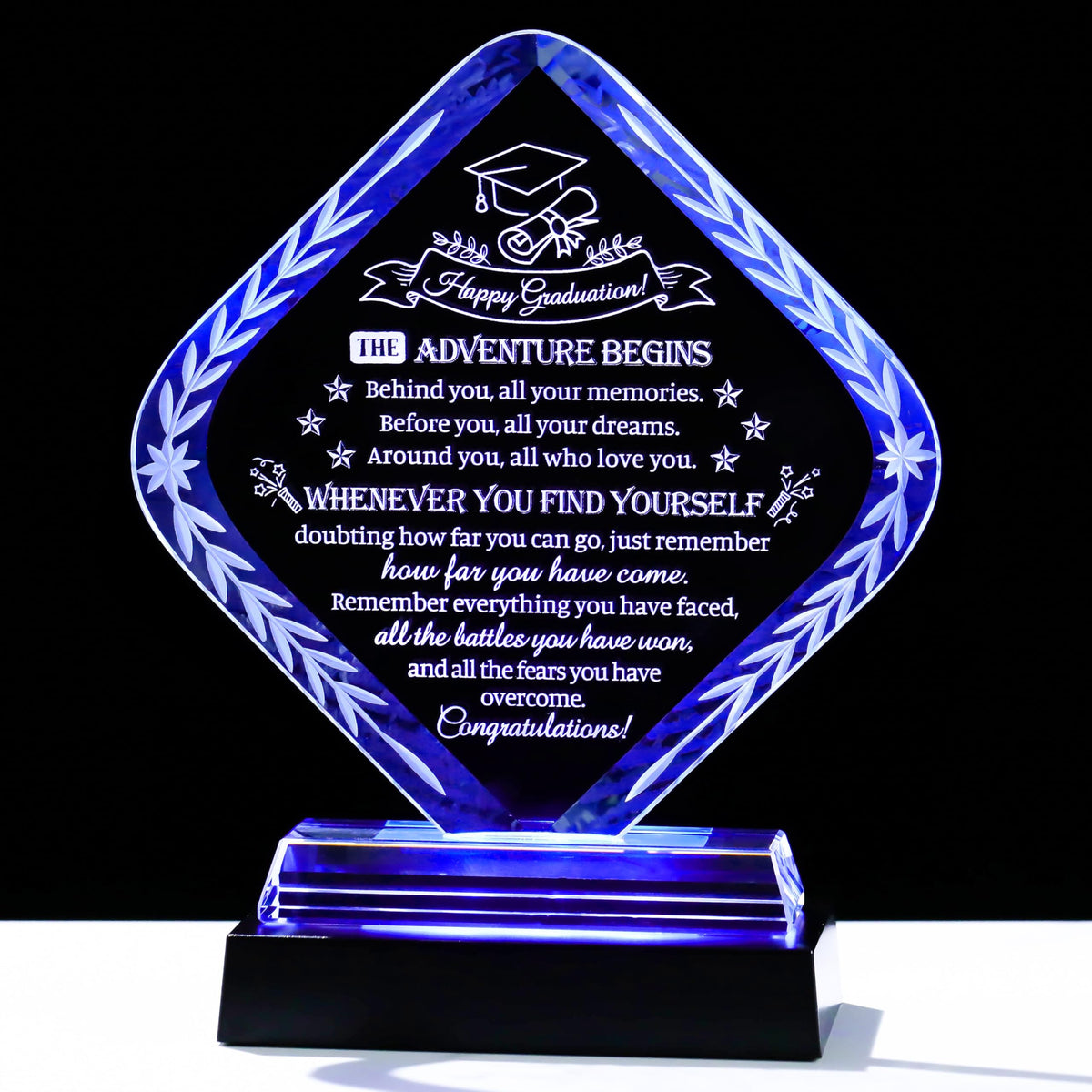 Movdyka crystal graduation plaque in rhombus shape with light base reflecting pride and achievement.