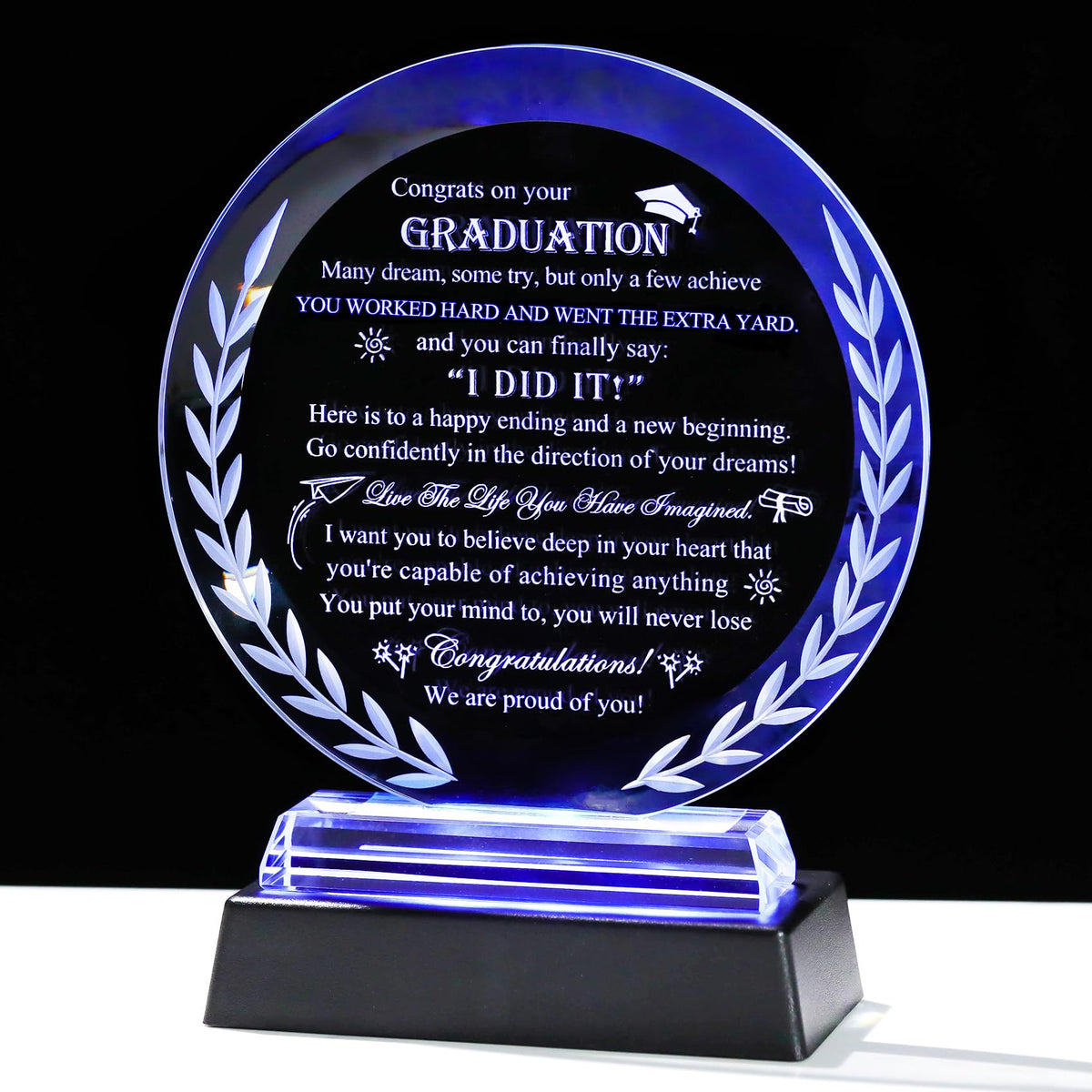 Movdyka graduation crystal plaque round glows softly for display.