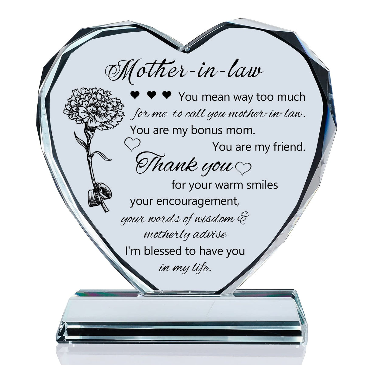 Movdyka heart-shaped glass keepsake, front view, elegant laser engraving