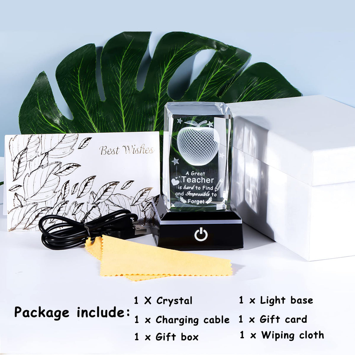 Movdyka 3D crystal set includes base, cable, cloth, and gift card.