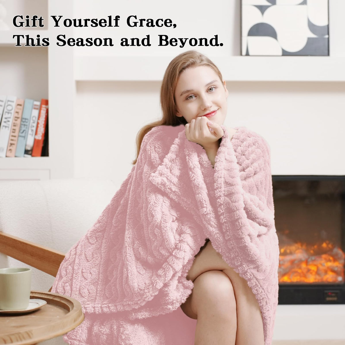 Mowkim pink wearable blanket worn by model for lounging